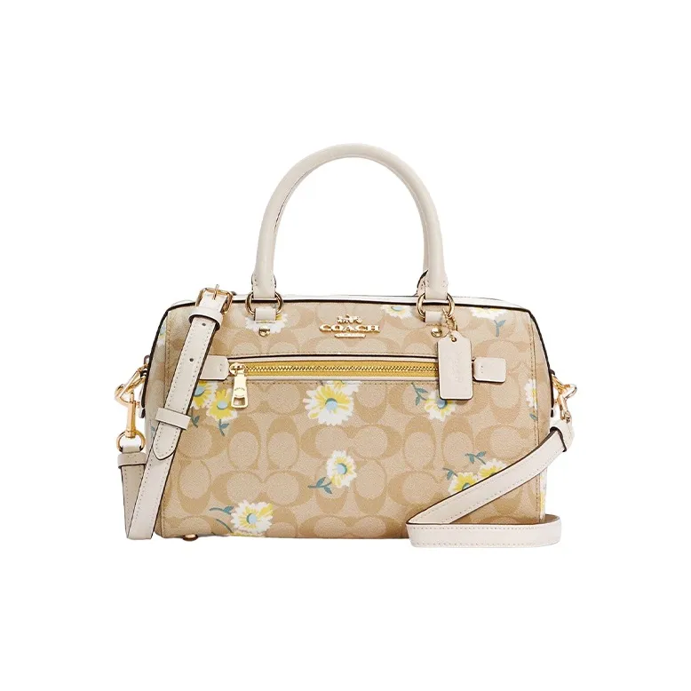 COACH Rowan Leather Boston Bag, Handbag, Shoulder Bag, Crossbody Bag Tubas Women's Khaki Monogram-0