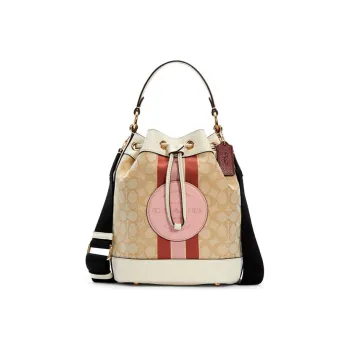 COACH Dempsey Cow Leather Bucket Bag, One Shoulder Handbag Small Size Women's Khaki