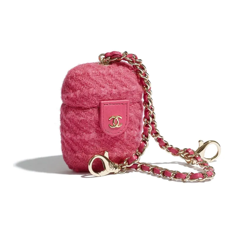 CHANEL Wool Twill Soft Woolen With Gold Metal Earphone Case Women's Raspberry Pink-1