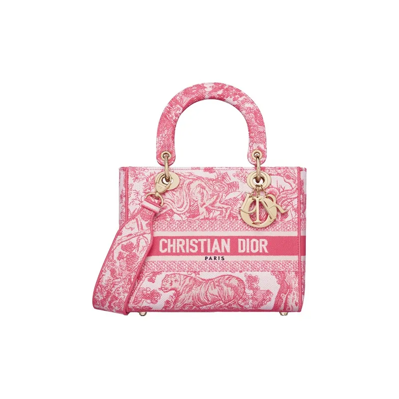 DIOR Lady Dior Fabric Lady Dior Bag, Shoulder Bag, Crossbody Bag, Handbag Medium Size Women's Peony Pink/White-0