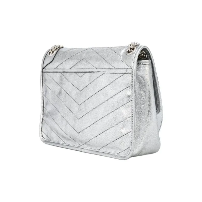 SAINT LAURENT Niki Leather Hobo Bag Shoulder Bag Women's Silver-1