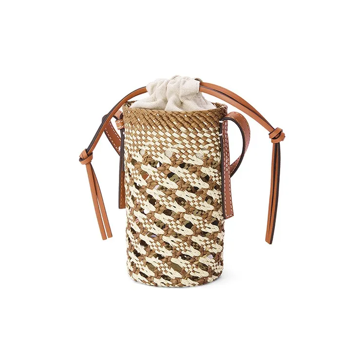 LOEWE Cylinder Pocket Calfskin With Palm Straw Bag Bucket Bag Shoulder Bag Crossbody Bag Women's Brown-2