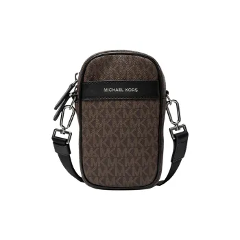 MICHAEL KORS Greyson Artificial Leather Cell Phone Pouch Shoulder Bag Crossbody Bag Mini Men's Dark Brown & Black