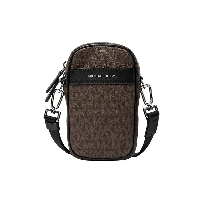 MICHAEL KORS Greyson Artificial Leather Cell Phone Pouch, Shoulder Bag, Crossbody Bag Mini Men's Dark Brown & Black-0