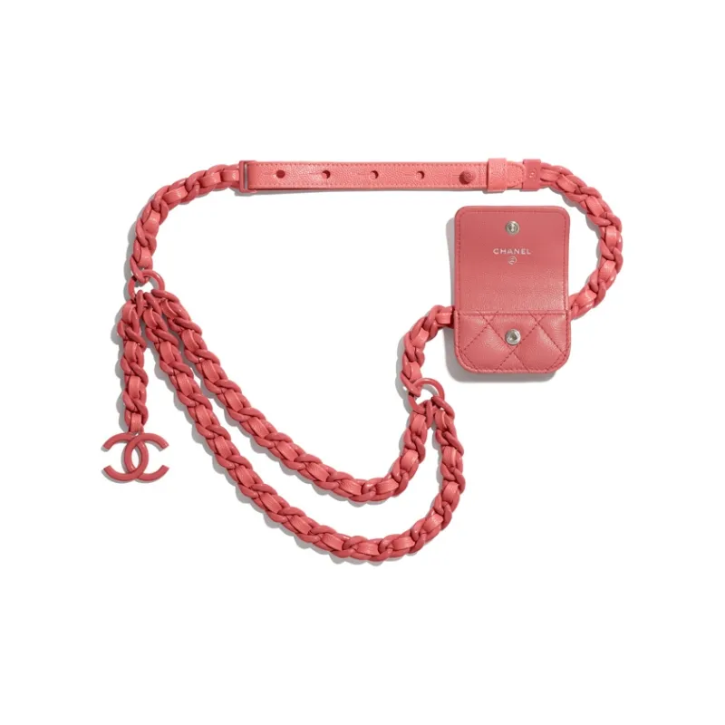 CHANEL Calfskin & Bright Lacquered Finish Metal Fanny Pack AirPods Pro Earphone Case Regular Women's Coral-2