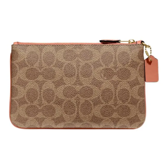 COACH Wristlet Coated Canvas With Calfskin Wrist Bag Coin Purse Small Size Women's Khaki & Light Coral Red-1