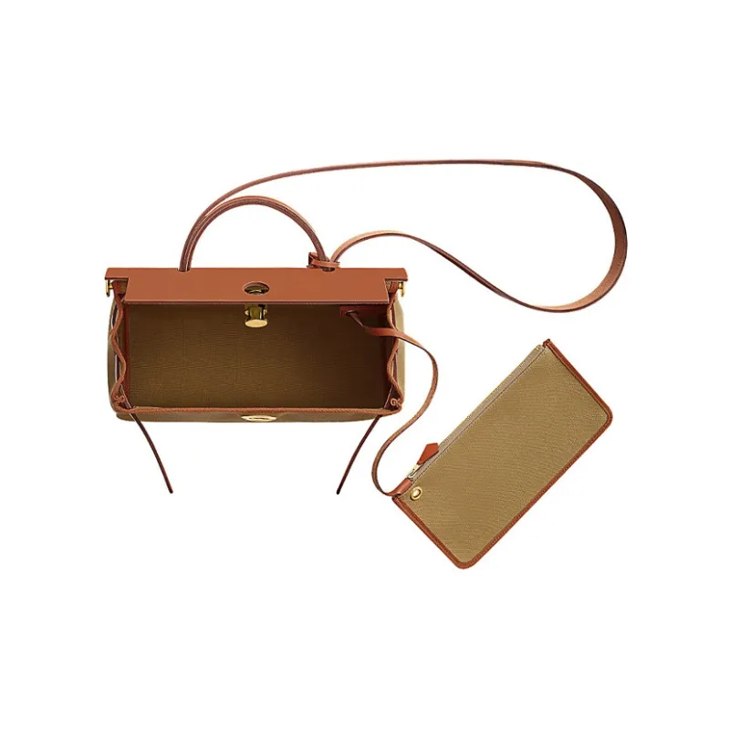 HERMES Herbag Zip Canvas With Hunter Cow Leather Portable Canvas Shoulder Bag, Crossbody Bag Unisex Linen Green-3