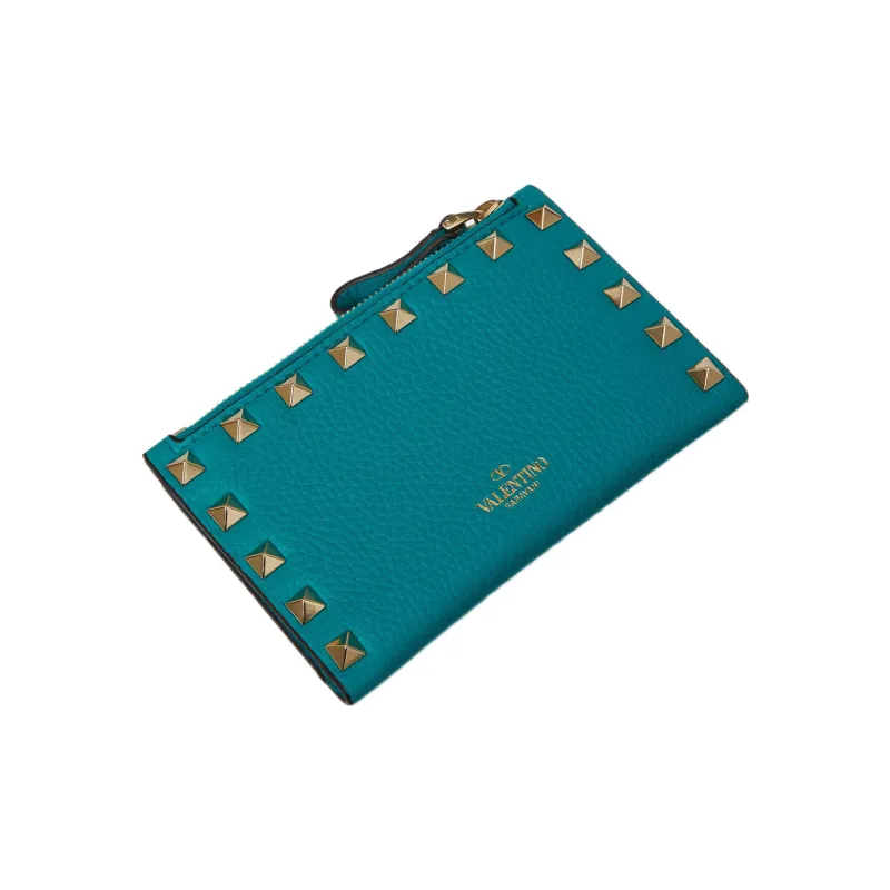 Valentino Rockstud Calfskin Wallet Coin Purses Card Holders Women's Ocean Green-2