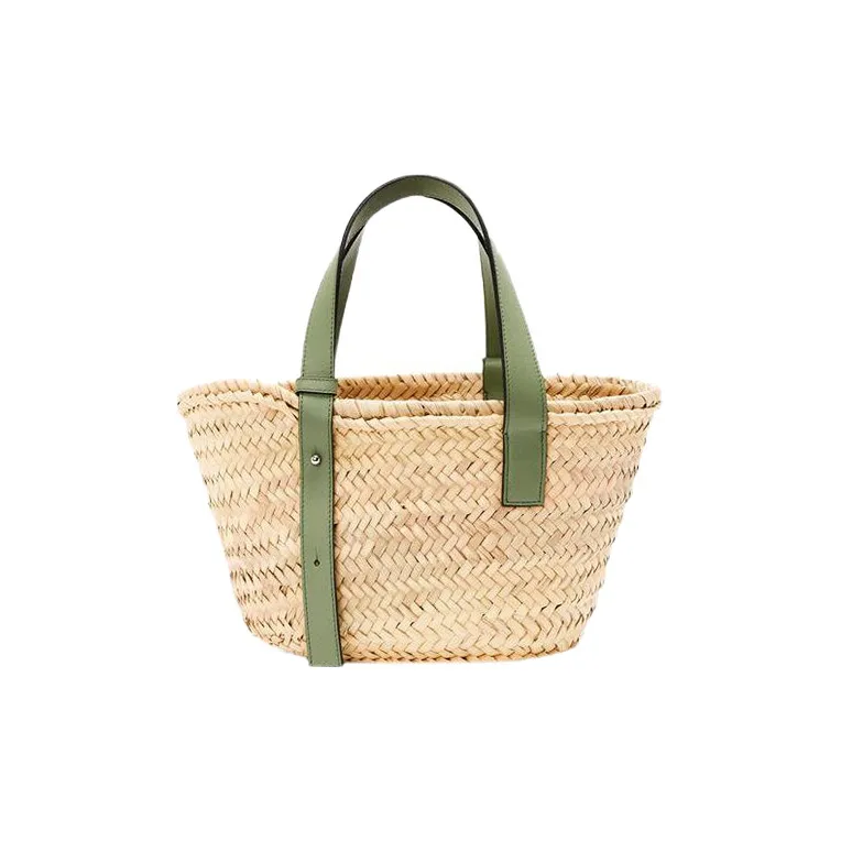 LOEWE Basket Palm Fiber Cow Leather Basket Bag Tote Bag Shopping Bag Handbag Small Size Women's Green-2
