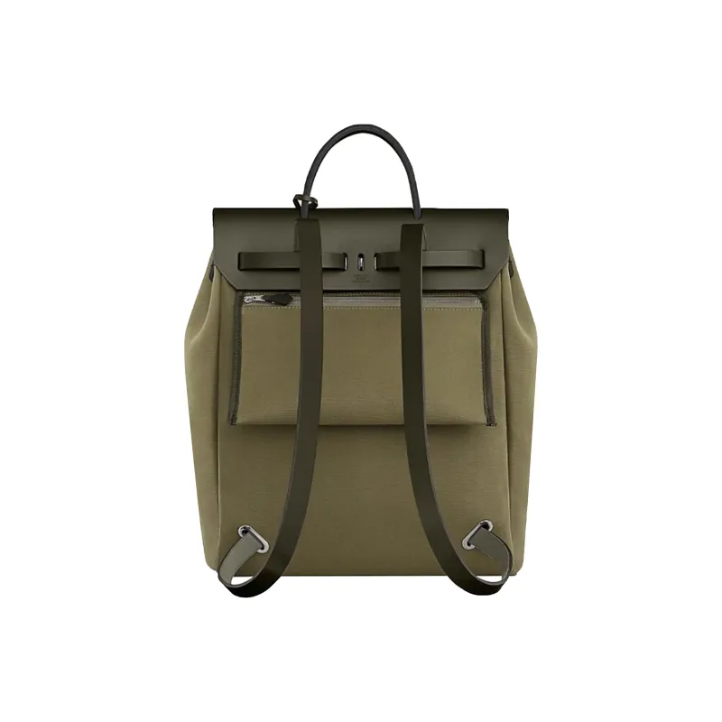 HERMES Herbag Zip Canvas With Hunter Cow Leather Portable Backpack Regular Unisex Olive Green/Khaki-2