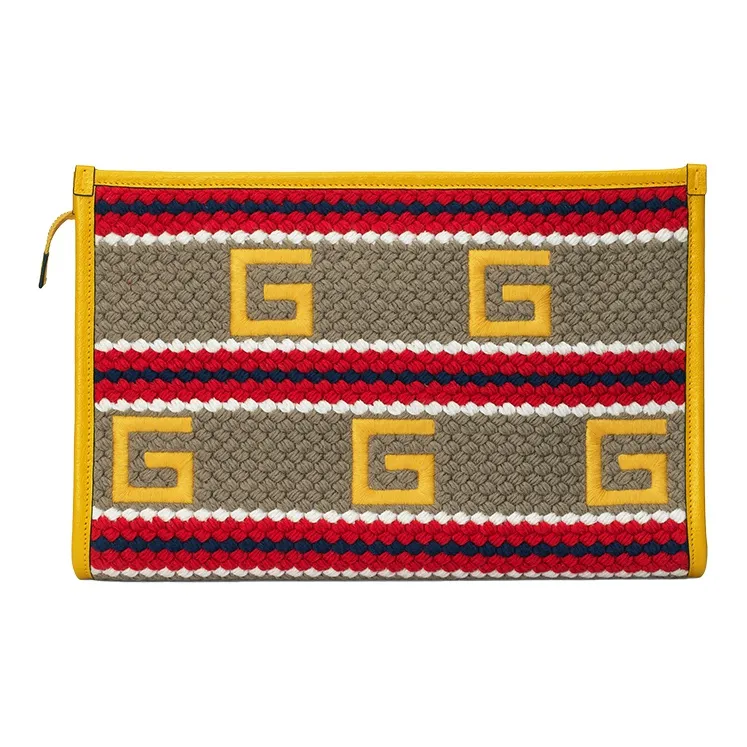 GUCCI Fabric With Leather Clutch Women's Yellow Red-1