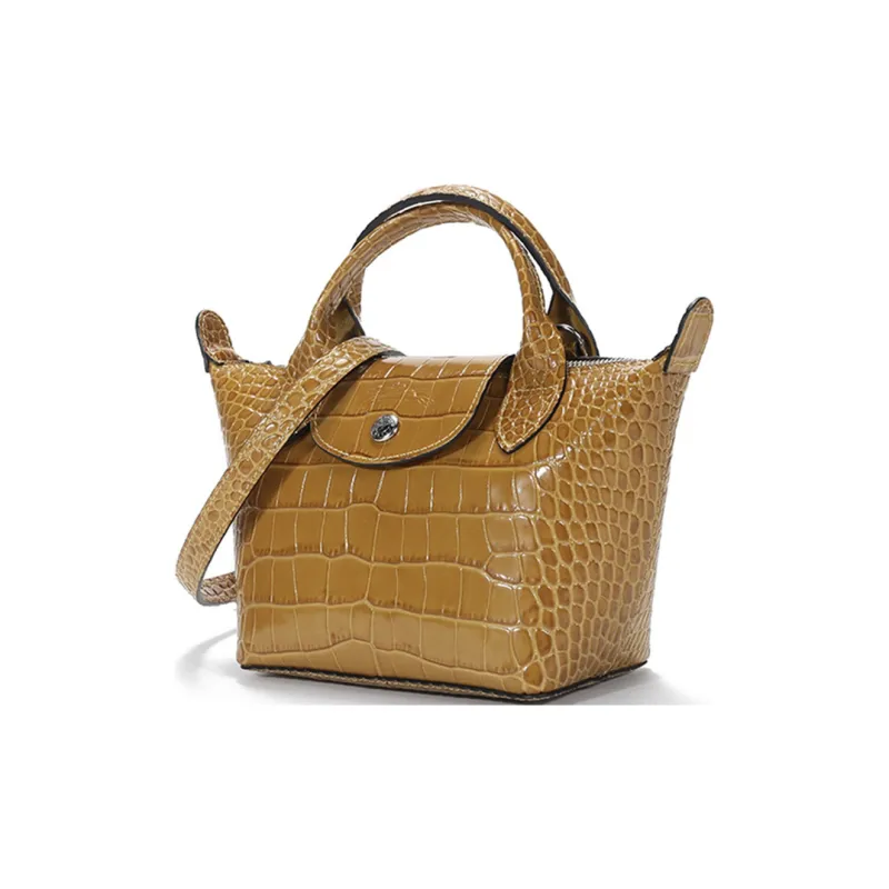 LONGCHAMP Le Pliage Cuir Cow Leather Dumpling Bag Portable Crossbody Bag Shoulder Bag Mini Women's Withered Tea Color-1