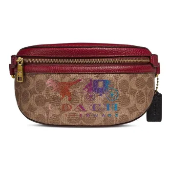 COACH Belt Canvas With Leather Sling Bag Backpack Small Size Women's Khaki Studded Red