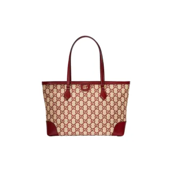 GUCCI Ophidia Denim With Leather Tote Bag Shopping Bag Handbag Shoulder Bag Medium Size Women's Burgundy/Beige Yellow