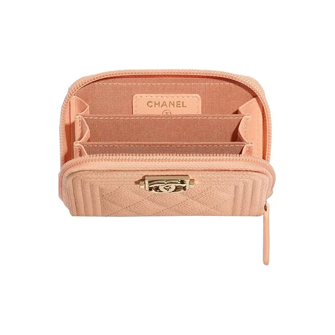 CHANEL Leboy Grain Litchi Grain Calfskin Zipper Wallet, Card Holder Women's Pink-2