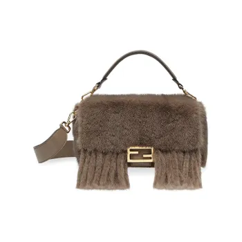 FENDI Baguette Mink Fur Blended With Lambskin Baguette Bag Handbag Shoulder Bag Crossbody Bag Medium Size Women's Gray