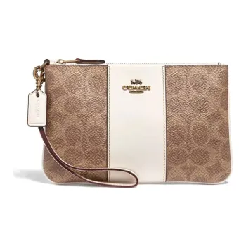 COACH Wristlet Canvas With Leather Handheld Wrist Bag Pochette Small Size Women's White & Brown Monogram