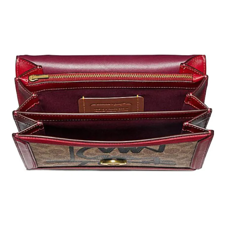 COACH Riley Canvas With Tanned Leather Trunk Bag, Handbag, Crossbody Bag Small Size Women's Brown Red-2