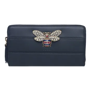 GUCCI Leather Wallet Women's Dark Blue