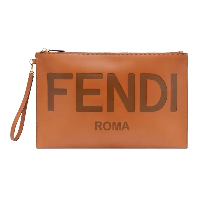 FENDI Calfskin Clutch Large Size Women's Brown-0