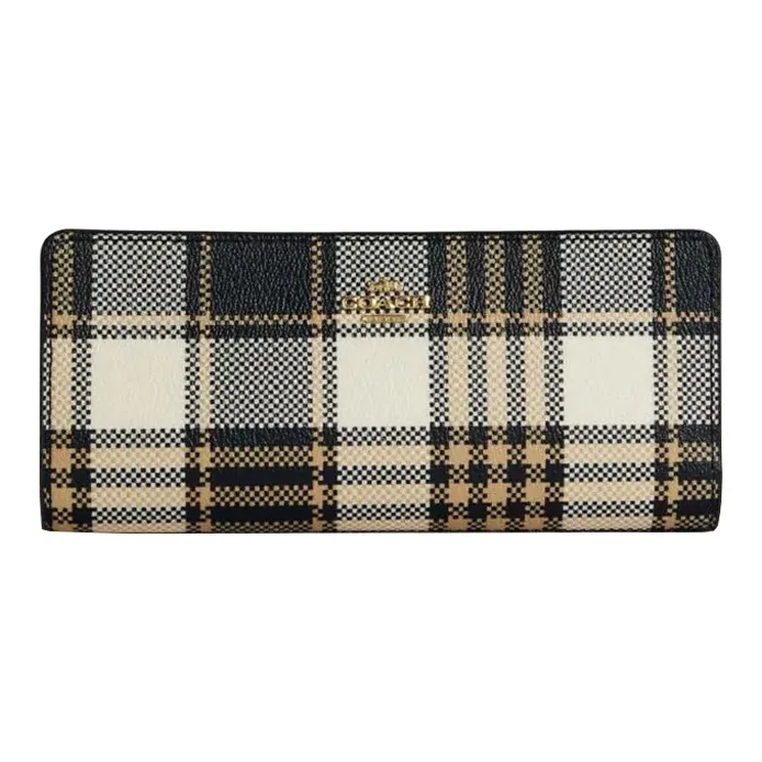 COACH Slim Wallet Smooth Pebbled Leather Card Holder Wallet Women's Black & Gray White-0