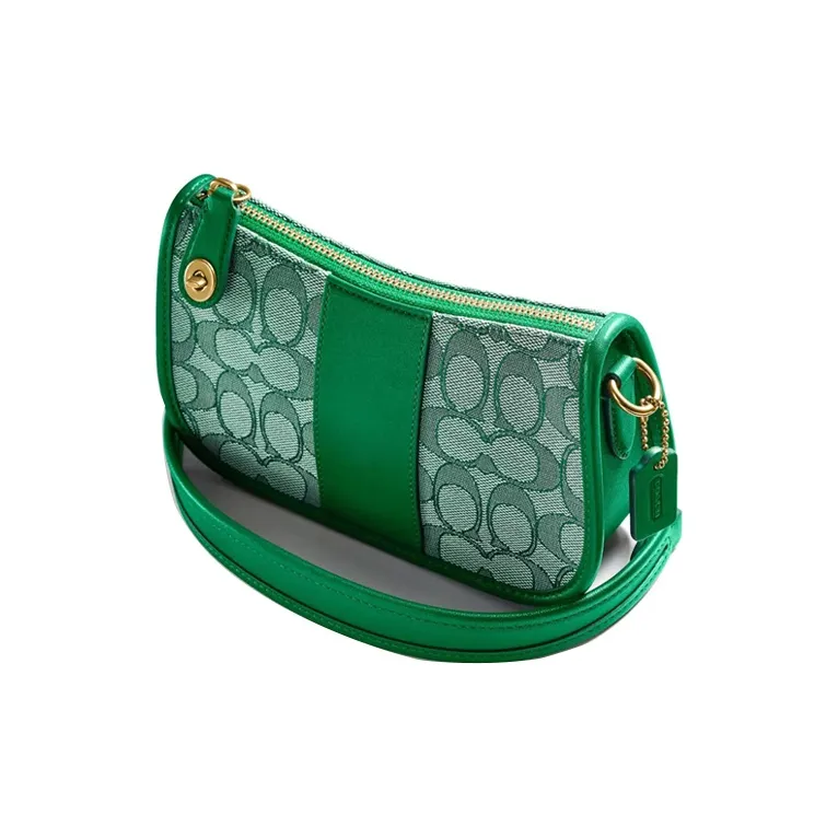 COACH Swinger Fabric With Leather Shoulder Bag Crossbody Bag Handbag Small Size Women's Green Monogram-4