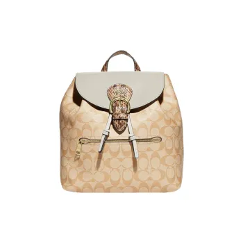 COACH Kleo Pebble Snakeskin Print Leather With Canvas Backpack Medium Size Women's Khaki & Monogram
