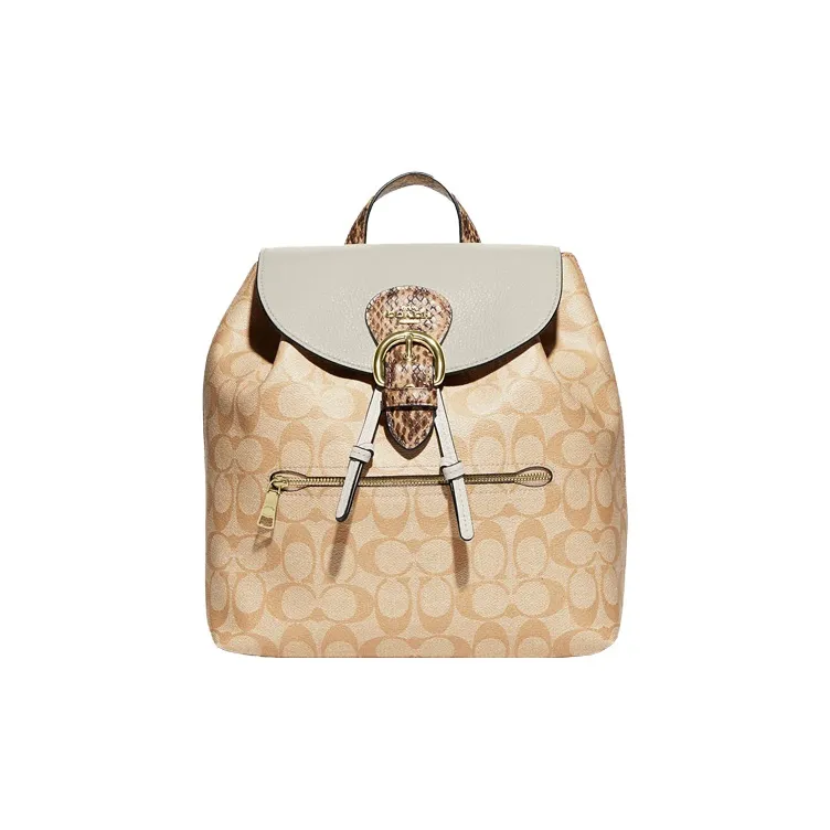 COACH Kleo Pebble Snakeskin Print Leather With Canvas Backpack Medium Size Women's Khaki & Monogram-0