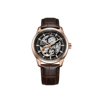 BULOVA Wrist Watch Automatic Mechanical Movement Leather Strap Cut Out Dial Men's Watches