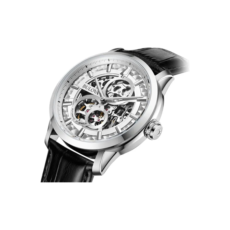 BULOVA Classic Men's Collection Wrist Watch Mechanical Movement Leather Strap 43mm Silver Dial Men's Watches-2