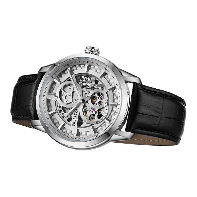 BULOVA Classic Men's Collection Wrist Watch Mechanical Movement Leather Strap 43mm Silver Dial Men's Watches-3
