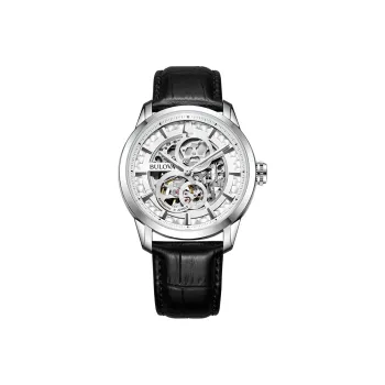 BULOVA Classic Men's Collection Wrist Watch Mechanical Movement Leather Strap 43mm Silver Dial Men's Watches