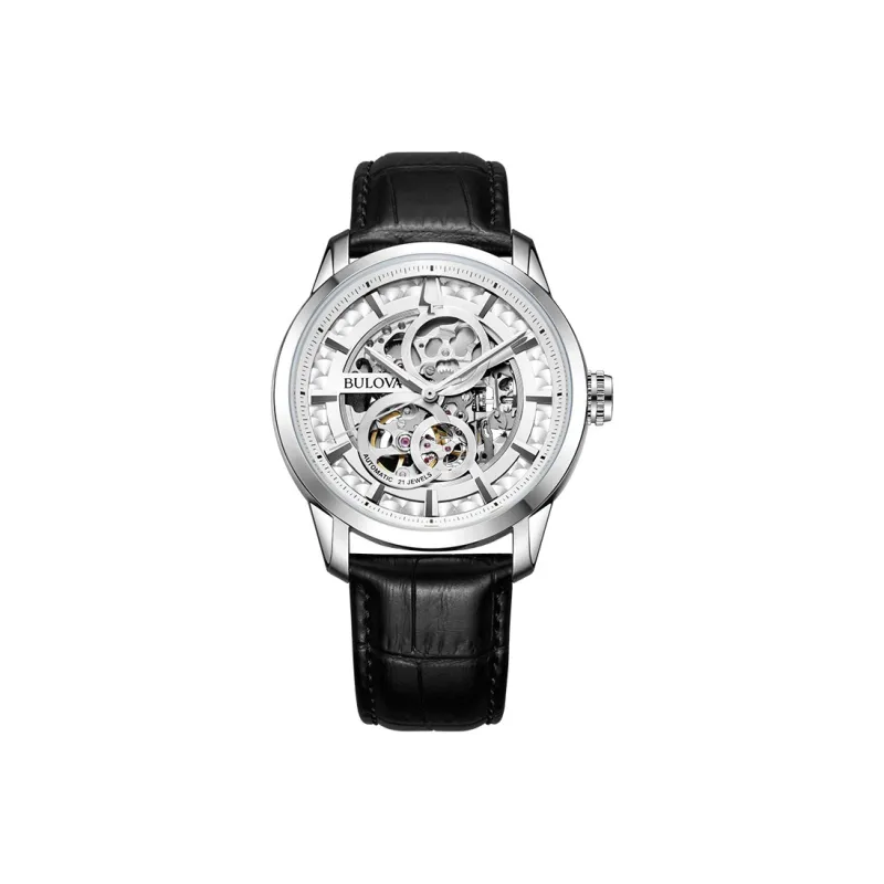 BULOVA Classic Men's Collection Wrist Watch Mechanical Movement Leather Strap 43mm Silver Dial Men's Watches-0