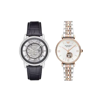 EMPORIO ARMANI Wrist Watch Automatic Mechanical Movement Leather Watch Bands White Dial Unisex AR1981+AR60019