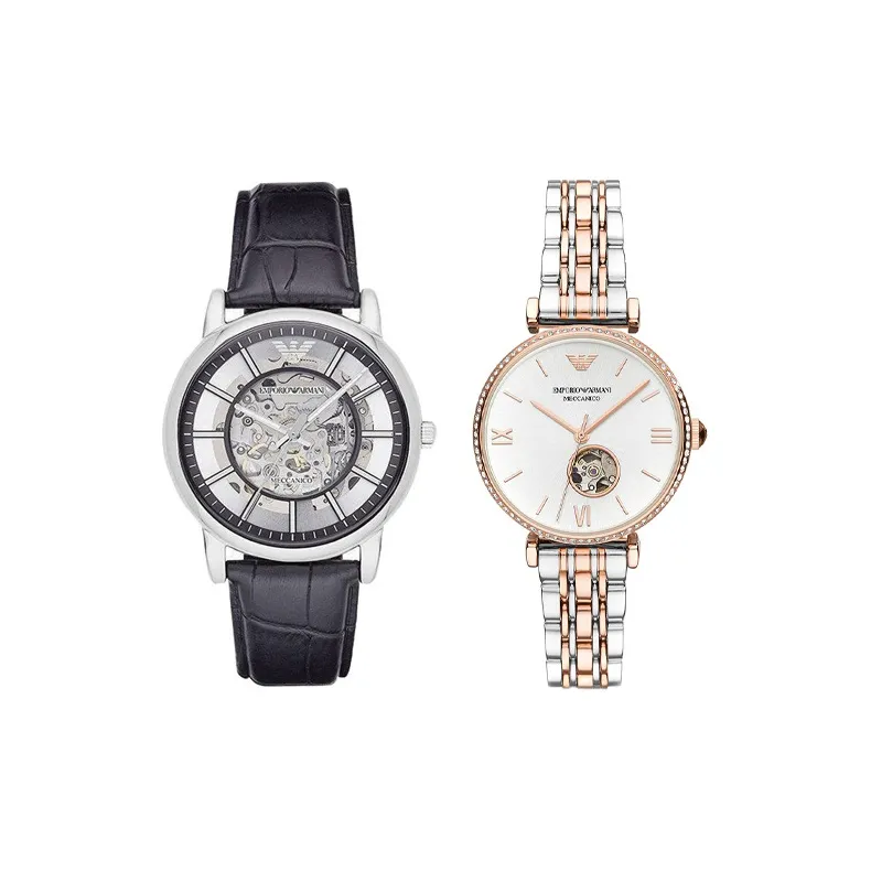 EMPORIO ARMANI Wrist Watch Automatic Mechanical Movement Leather Watch Bands White Dial Unisex AR1981+AR60019-0