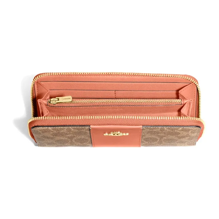 COACH Accordion Zip Wallet Coated Canvas With Leather Wallet Clutch Wallet Women's Khaki Brown & Orange-4