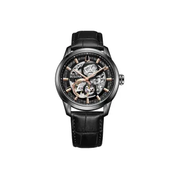 BULOVA Wrist Watch Mechanical Movement Leather Strap 43mm Black Dial Men's Watches