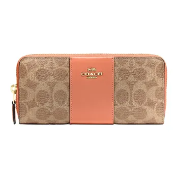 COACH Accordion Zip Wallet Coated Canvas With Leather Wallet Clutch Wallet Women's Khaki Brown & Orange