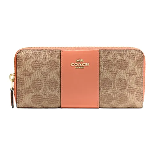 COACH Accordion Zip Wallet Coated Canvas With Leather Wallet Clutch Wallet Women's Khaki Brown & Orange