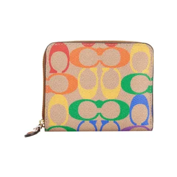 COACH Billfold Wallet Coated Canvas With Leather Wallet Women's Khaki & Rainbow Monogram