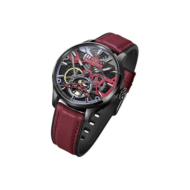 HARRY WILLIAMS Wrist Watch Automatic Mechanical Movement Leather Strap Cut Out Dial Men's Watches HW.3952M/10-1