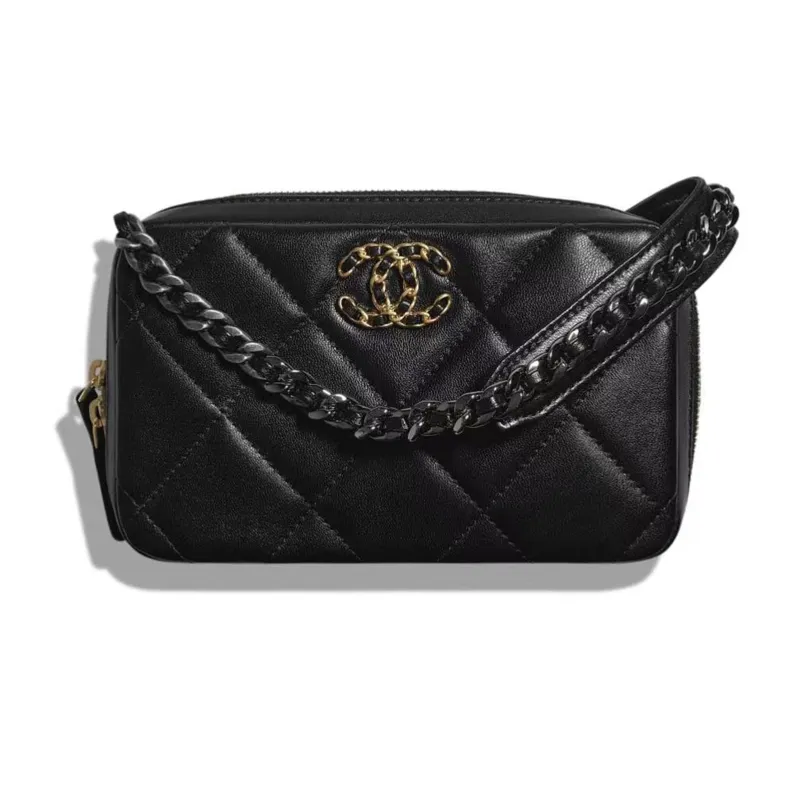 CHANEL 19Bag Sheepskin Camera Bag, Shoulder Bag, Crossbody Bag Women's Black-0