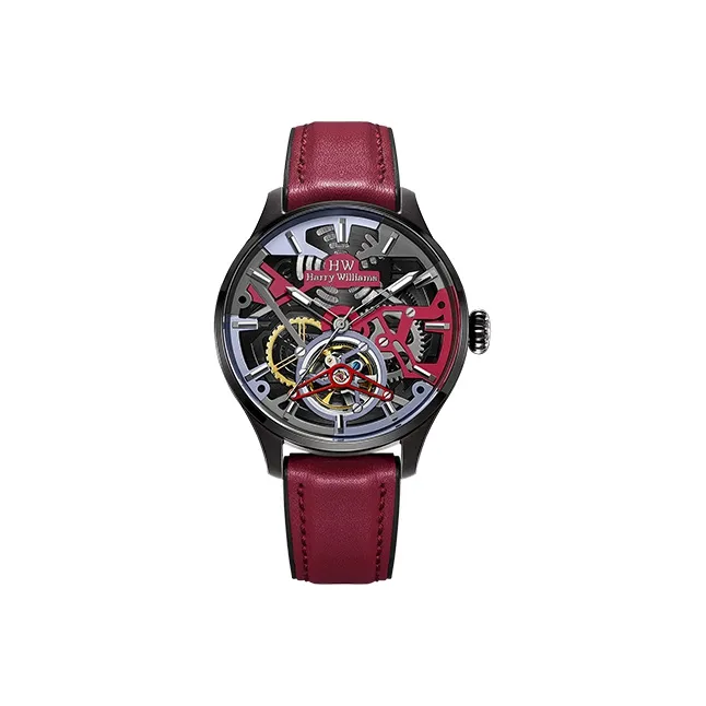 HARRY WILLIAMS Wrist Watch Automatic Mechanical Movement Leather Strap Cut Out Dial Men's Watches HW.3952M/10-0