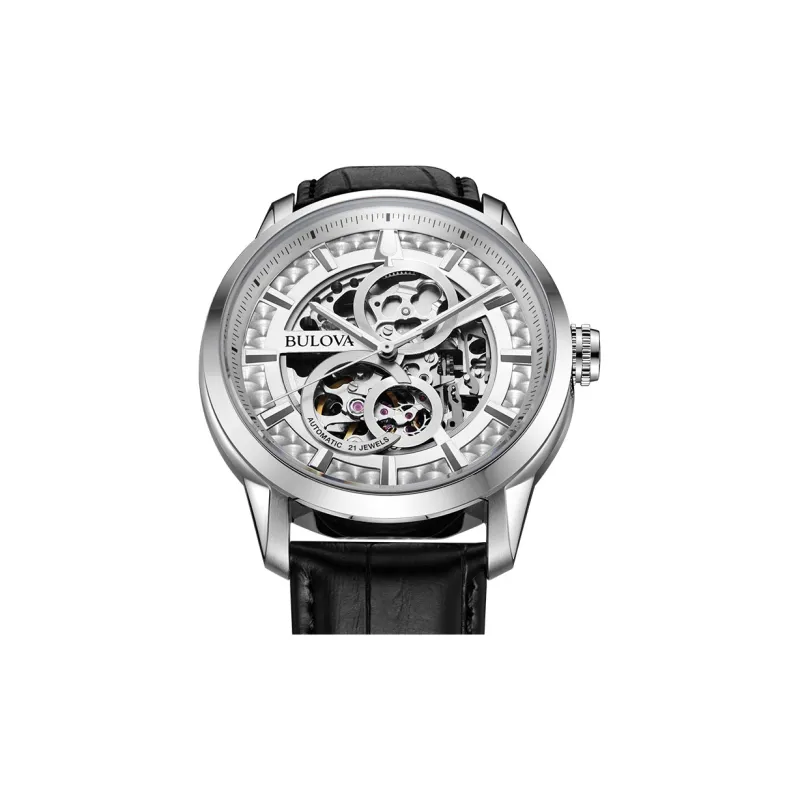 BULOVA Classic Men's Collection Wrist Watch Mechanical Movement Leather Strap 43mm Silver Dial Men's Watches-1