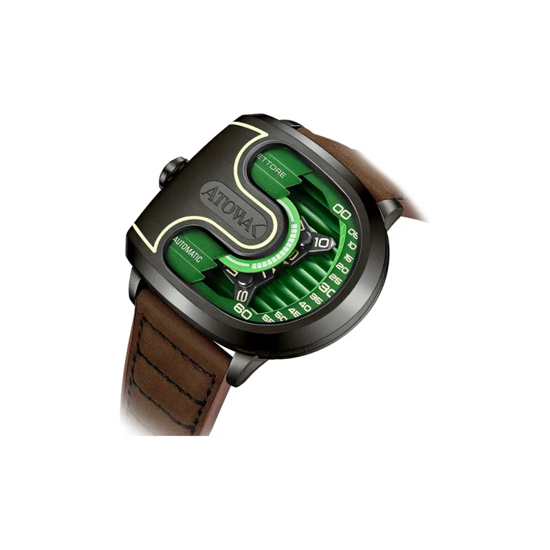 ATOWAK Wind-chasing Series Wrist Watch Automatic Mechanical Movement Genuine Leather Strap Green Dial Men's Watches-2