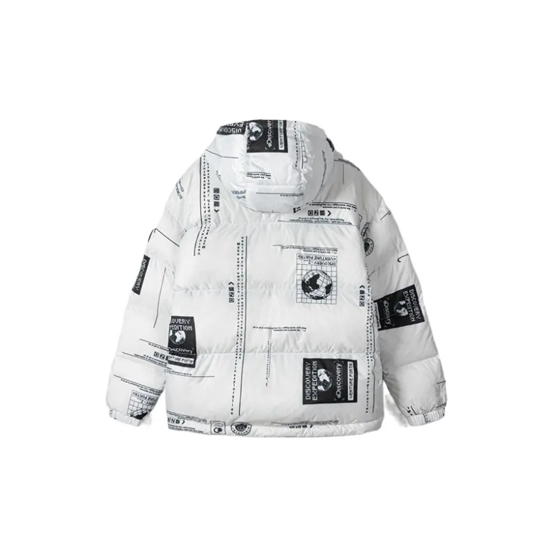 Discovery Expedition Letter Abstract Pattern Colorblock Hooded Down Jacket Unisex-1