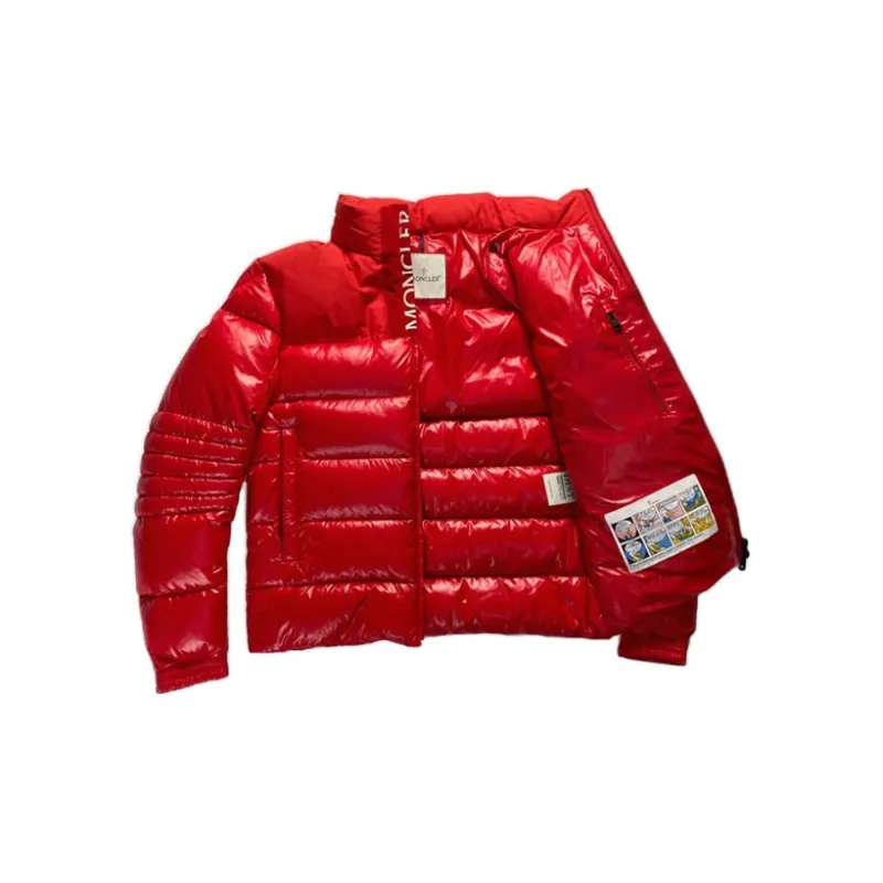 Moncler Letter Solid Color Shiny Stand Collar Down Jacket Men's Red-2