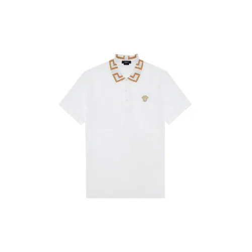 VERSACE SS21 Men Cotton Printed Short Sleeve Polo Shirt White