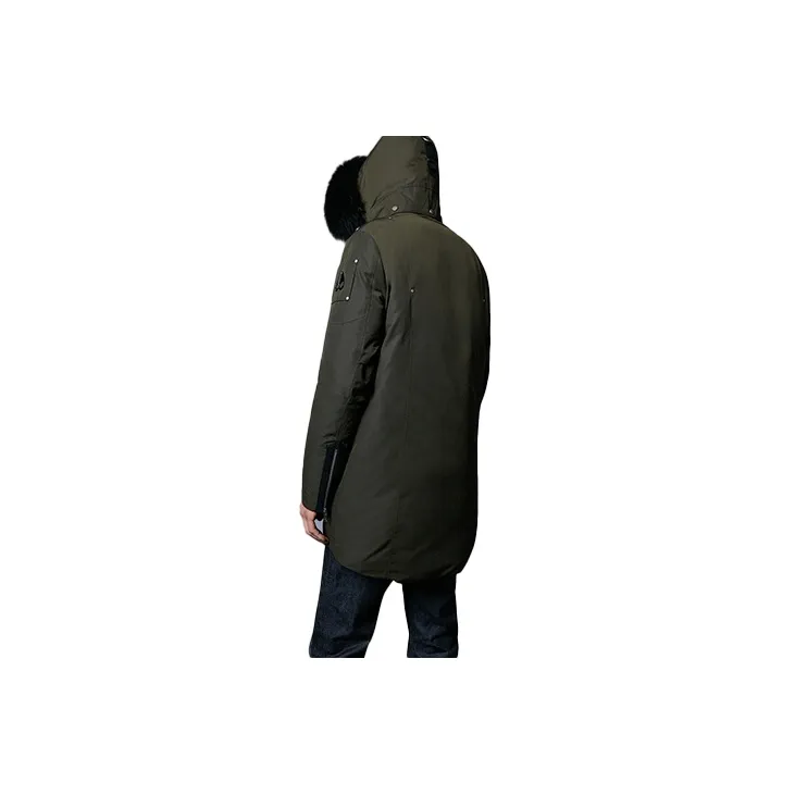 Moose Knuckles FW21 Solid Color Hooded Mid-Length Down Jacket Men's Army Green-1