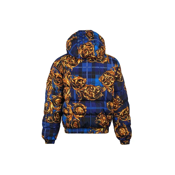 VERSACE Abstract Pattern Solid Color Hooded Down Jacket Men's Blue-2